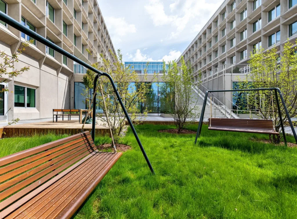 1. Två trägungor omgivna av grön gräsmatta mellan moderna byggnader.