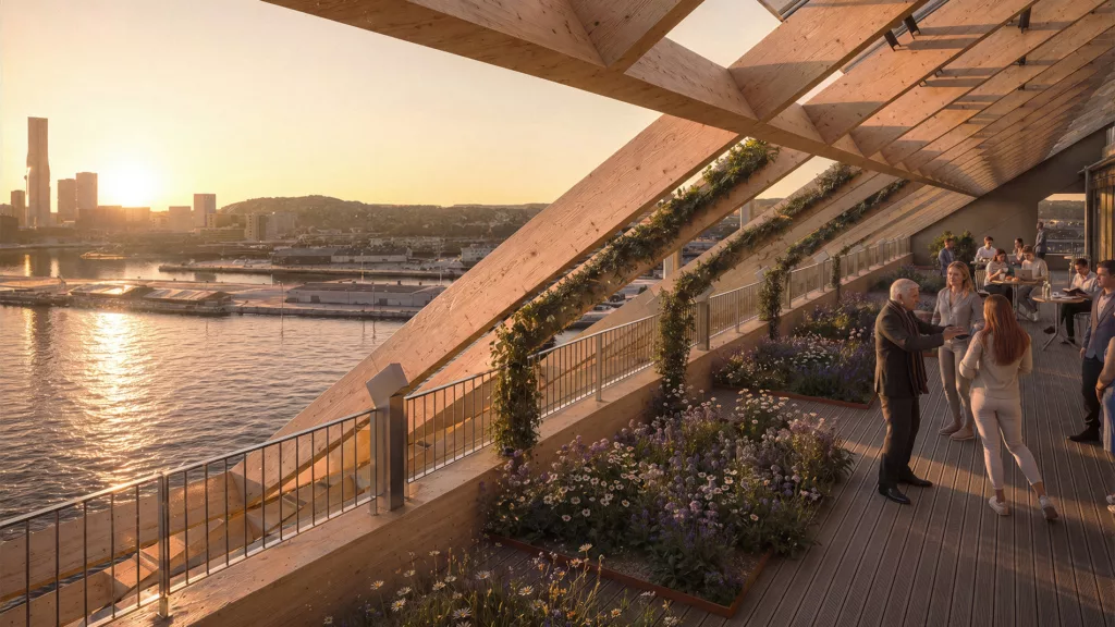 3. En takterrass med träkonstruktion, blomsterdekorationer och utsikt över vatten och kullar i solnedgången.