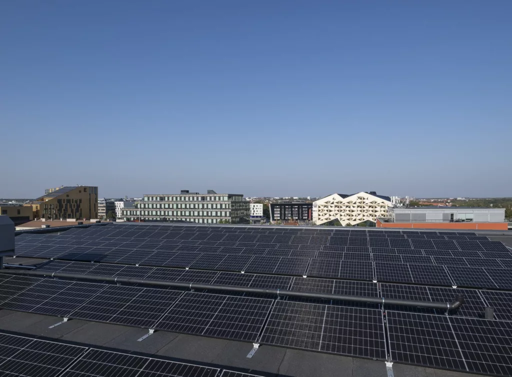 Solpaneler täcker ett tak med moderna byggnader i bakgrunden under klarblå himmel.