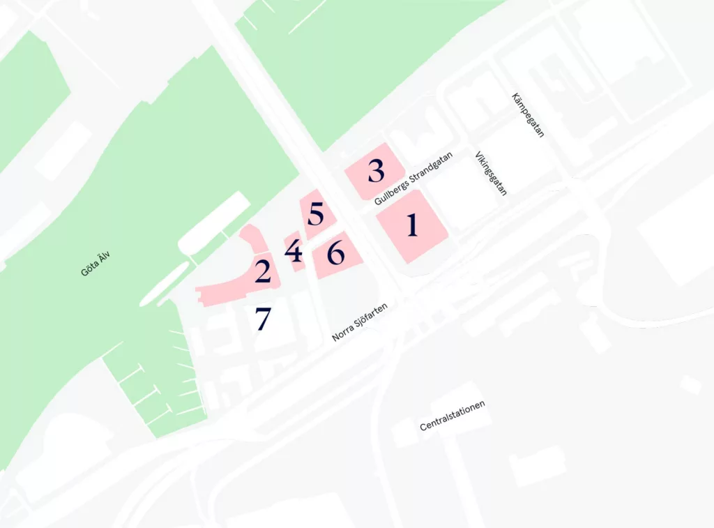 En karta med siffror 1 till 7 markerade i rosa på olika byggnader nära gröna områden och vägar.