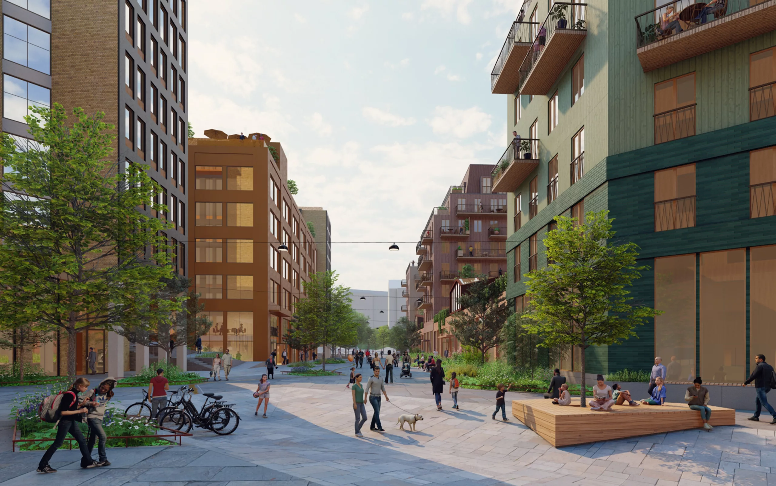 En modern stadsgata med byggnader, träd och människor som promenerar och umgås.