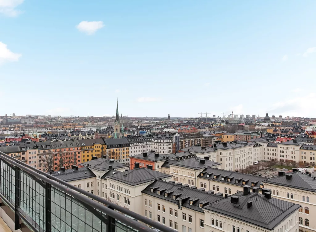 5. Panoramautsikt över en stad med takåsar, kyrktorn och byggnader under en klar himmel.