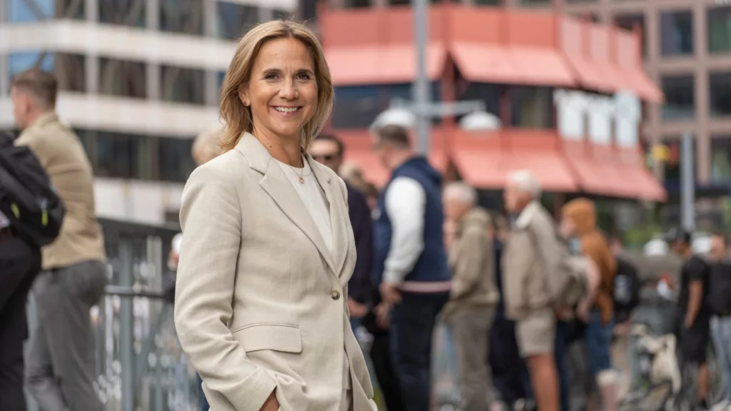 Vasakronans vd Johanna Skogestig står framför Röda huset. I bakgrunden syns människor.