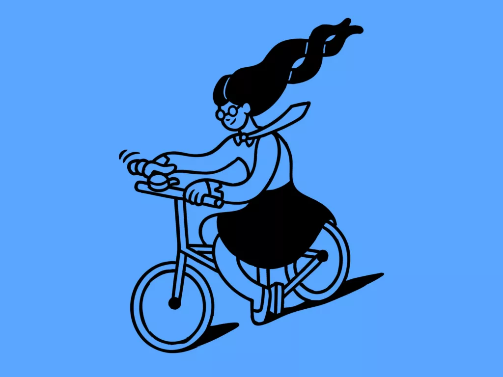 En tecknad figur med långt hår cyklar på en blå bakgrund.