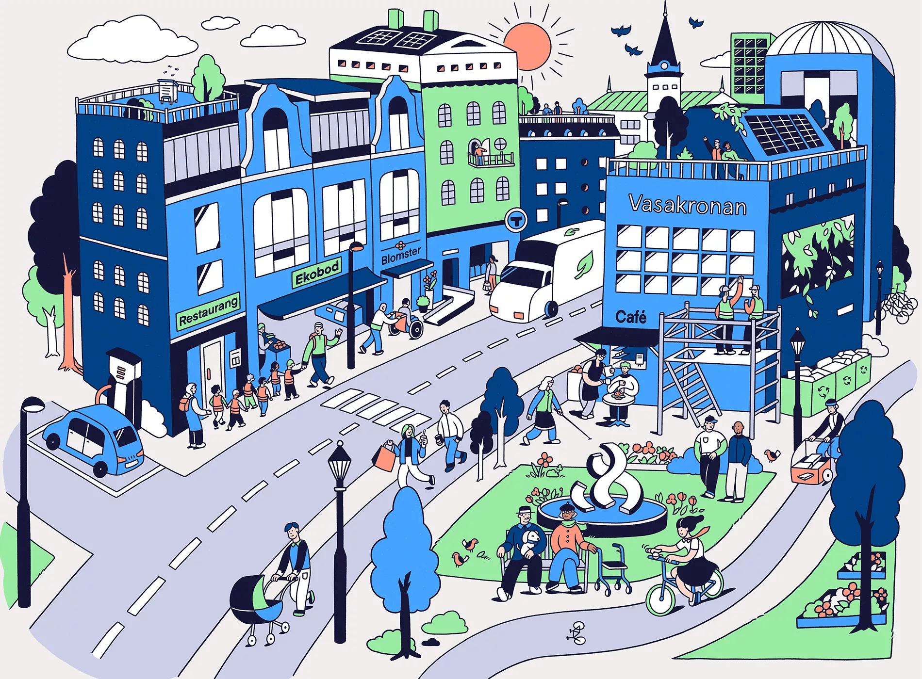 En färgglad illustration av en stadsmiljö med byggnader, parker, människor och bilar. Solen skiner och himlen är blå.