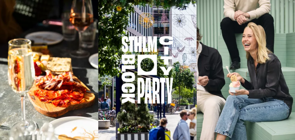 5. En bild med texten "STHLM CITY BLOCK PARTY" överlagd på bilder av mat, människor och stadsmiljö.