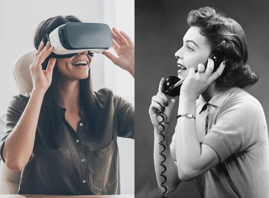 En kvinna med VR-glasögon ler på vänstra sidan, och en vintagebild av en kvinna som pratar i en telefon på högra sidan.