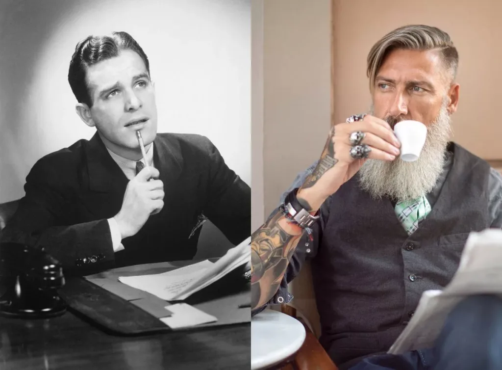 En vintagebild av en man som funderar med en penna i handen till vänster, och en modern bild av en tatuerad man som dricker kaffe till höger.