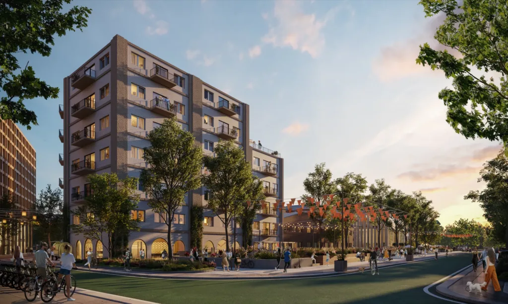 3. Ett bostadskomplex med flera våningar, omgivna av träd och en trädgård med människor.