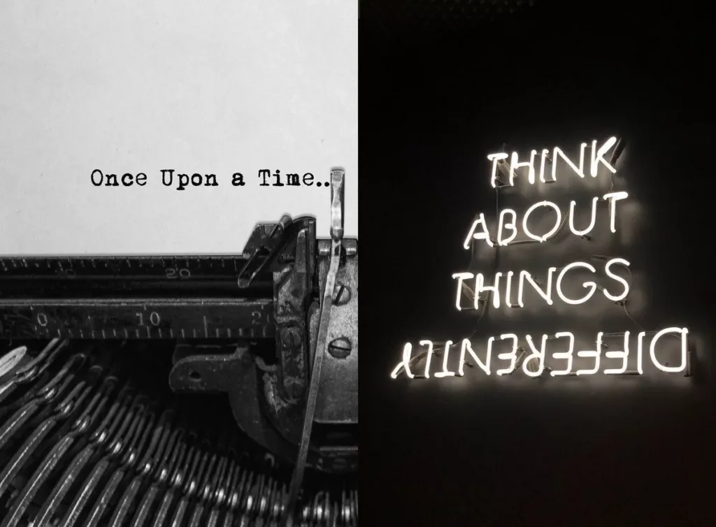 En svartvit bild med en skrivmaskin och texten "Once Upon a Time" till vänster, samt en neontext som lyder "Think about things differently" till höger.