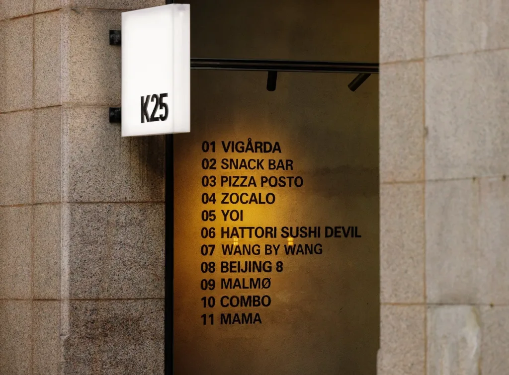 En skylt med texten "K25" och en lista över restauranger, inklusive namn som "Pizza Posto" och "Hattori Sushi Devil."