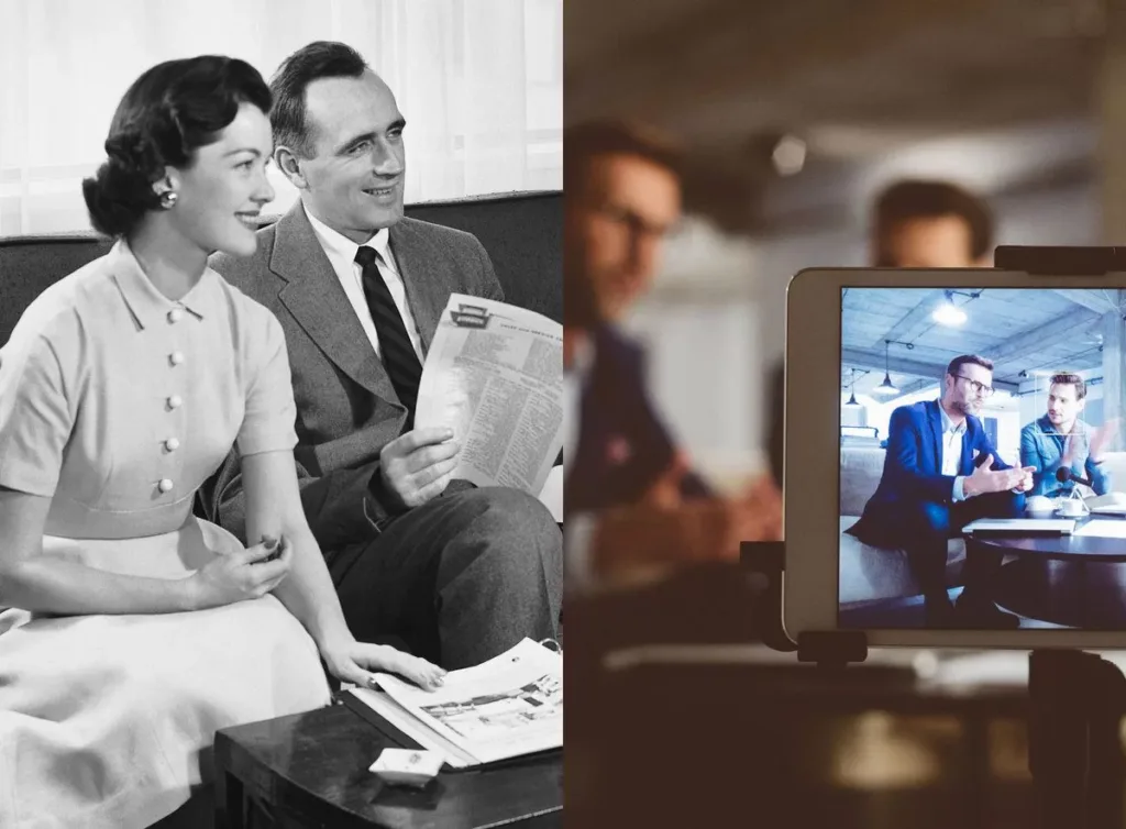 Ett svartvitt foto av två personer som läser papper, bredvid en modern bild av ett videomöte på en skärm.