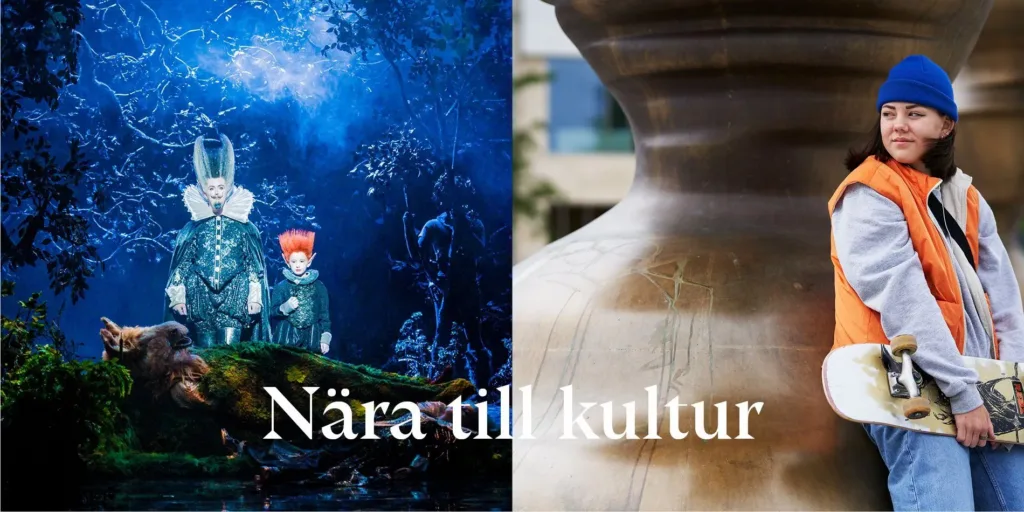 En färgstark scen med skog och en rödklädd figur; en detalj av en skulptur i trä. Text: "Nära till kultur."