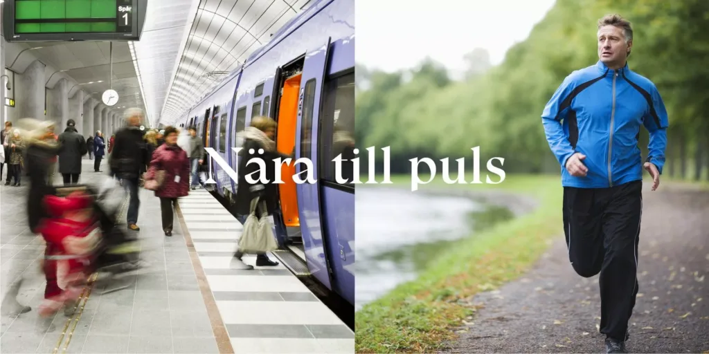 En tågvagn vid en perrong med människor som går på; en grönskande naturstig vid en sjö. Text: "Nära till puls."