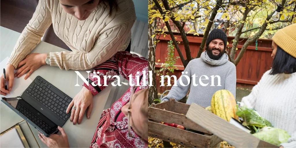 En person hjälper en annan att läsa vid en säng; en man i trädgården bär en låda med grönsaker. Text: "Nära till möten."