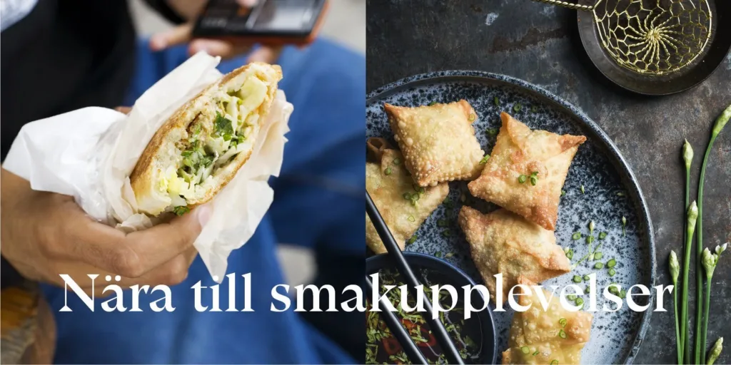 Bild på en wrap och friterade degknyten med texten "till smakupplevelser".