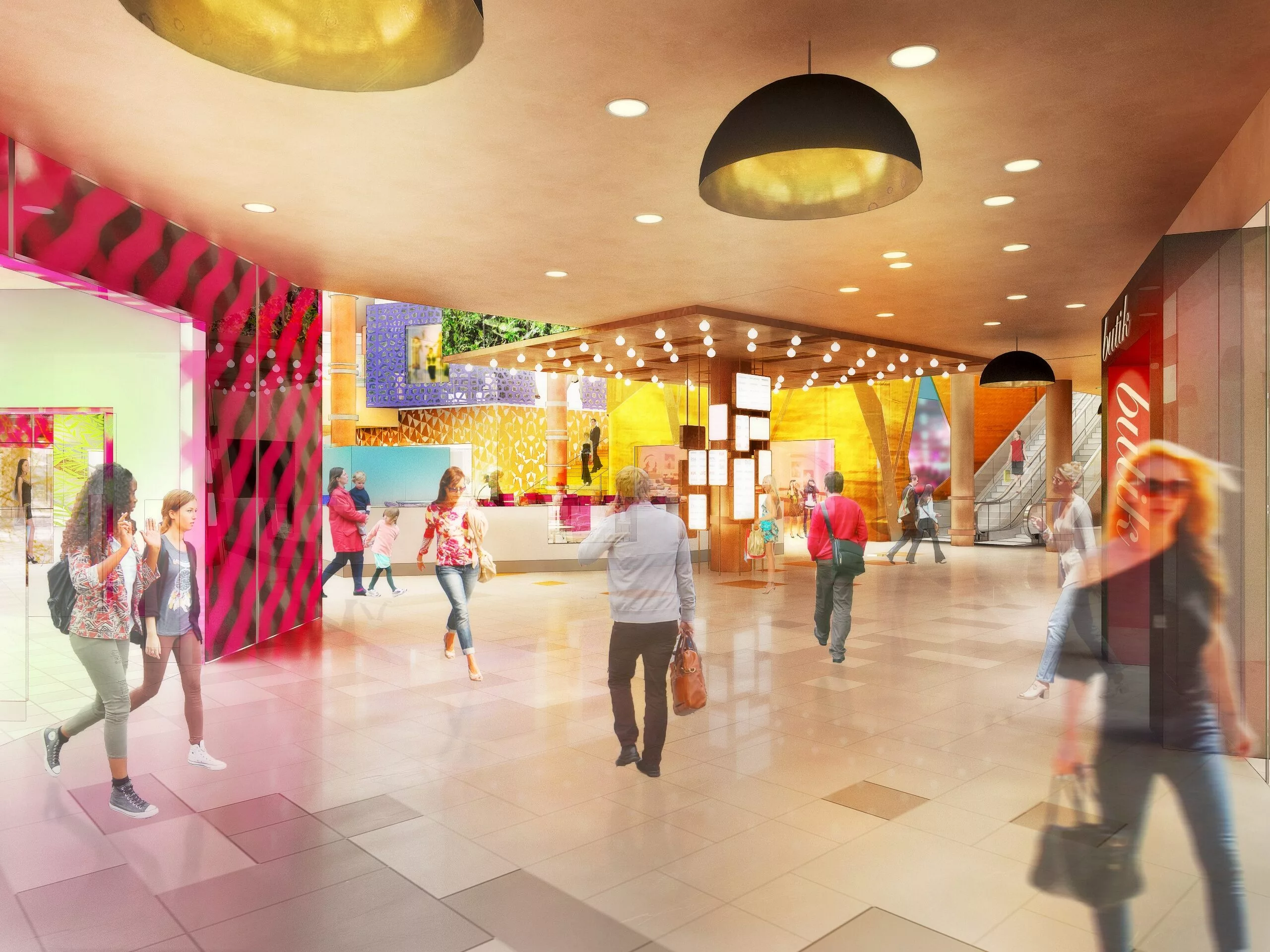 3. Ett livligt köpcentrum med färgglada väggar, stora lampor i taket och människor som promenerar och bär shoppingpåsar.