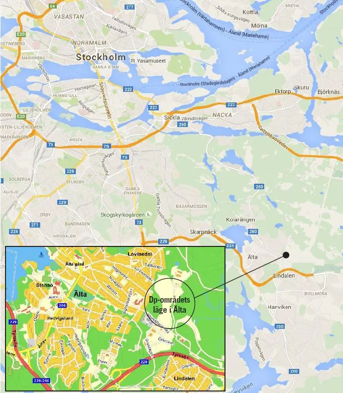 En karta över Stockholm med en inzoomad sektion markerad i grönt.