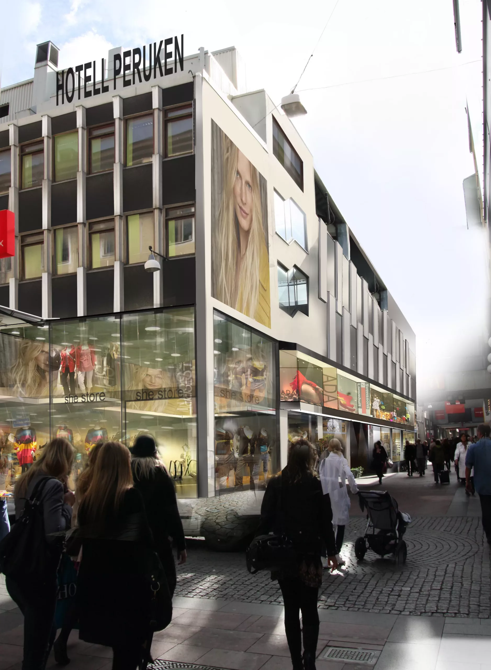 En butiksgata med flera människor som går förbi en byggnad med stora skyltfönster och reklam på fasaden.