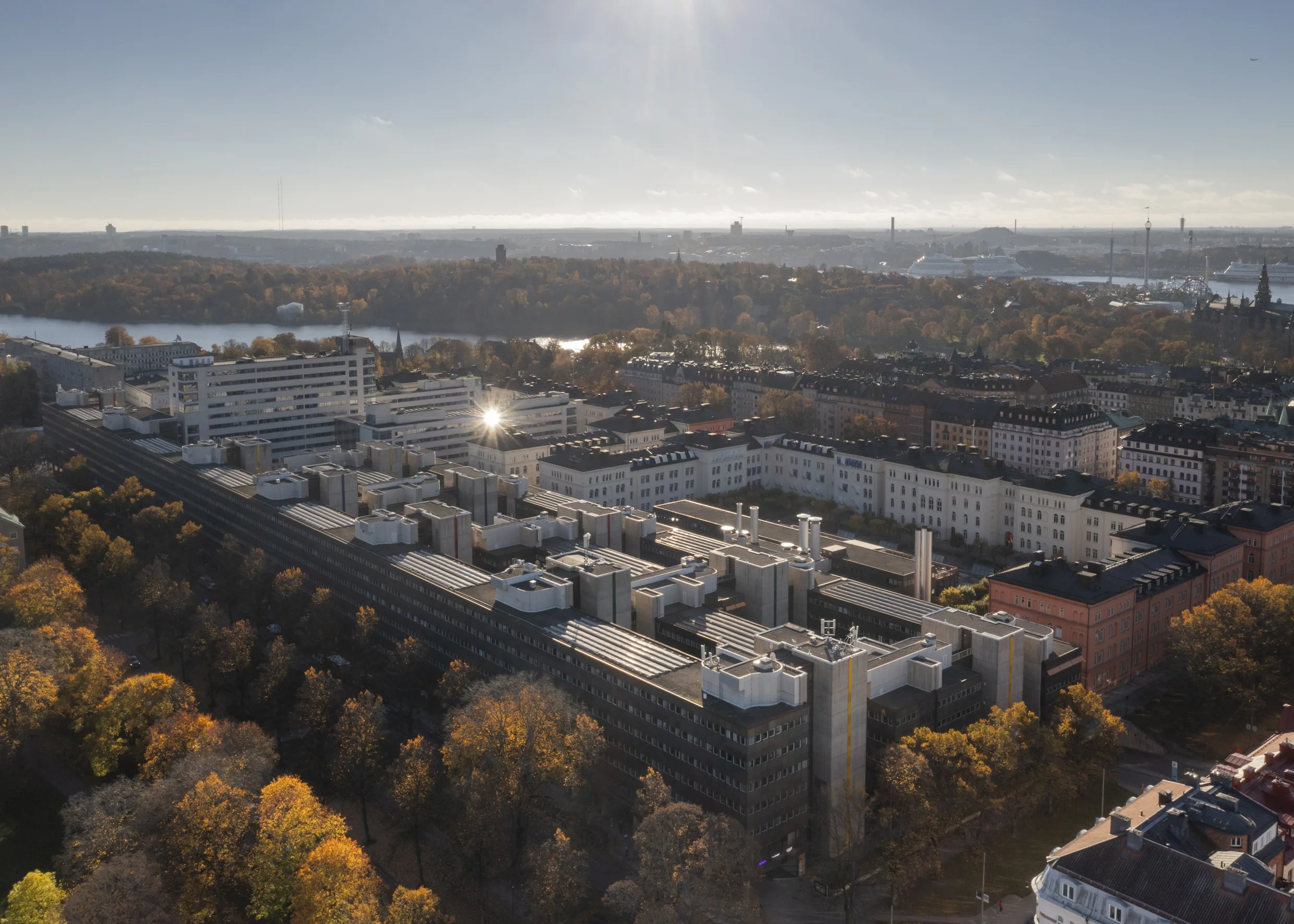 2. Flygfoto över ett bostadsområde med vita byggnader, höstfärgade träd och en sjö i bakgrunden under en solig himmel.