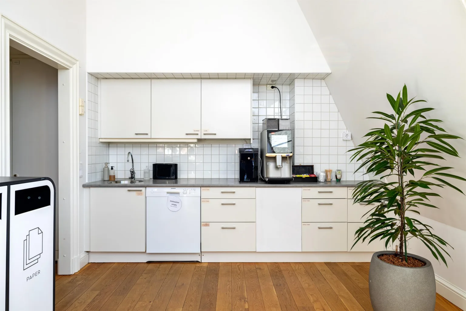 Ett kök med vita skåp, diskho, kaffemaskin, mikrovågsugn och diskmaskin, samt en grön växt vid sidan.