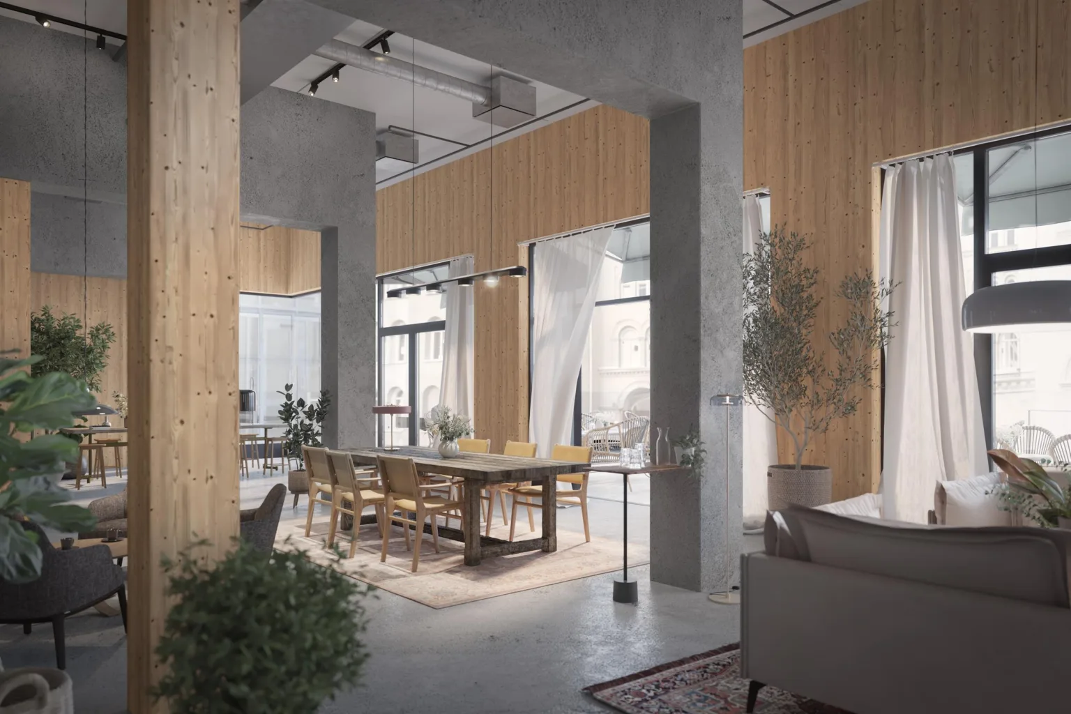 5. Ett modernt inomhusrum med träpaneler, ett stort bord, stolar och växter som ger en naturlig atmosfär.