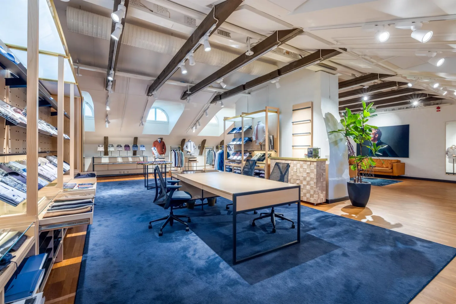 Ett stort showroom med hyllor, bord och stolar, dekorerat med växter och belysning, på blå matta.