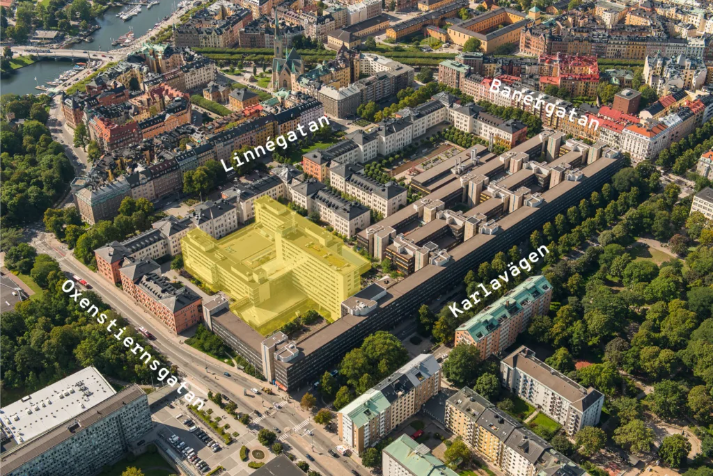 Flygfoto över stadsdel med textmarkeringar som "Linnégatan" och "Karlavägen" samt ett område markerat i gult.