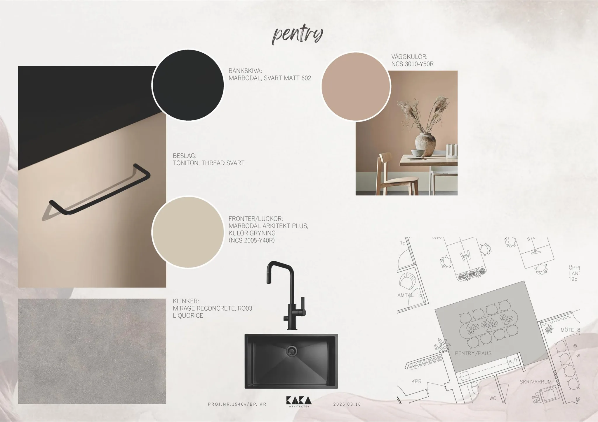 5. En designlayout med färgprover i svart och beige, en bild på en kran och diskho, samt en planritning.