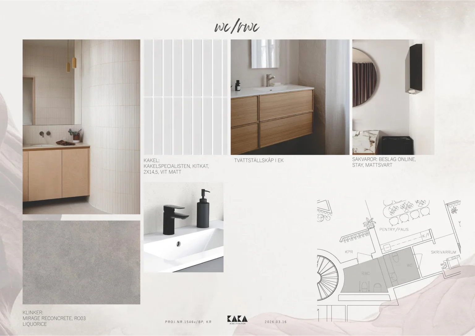 1. En designlayout med bilder av ett badrum, detaljerade materialprover och en ritning; innehåller träskåp, svart kran och ljusa kakel.