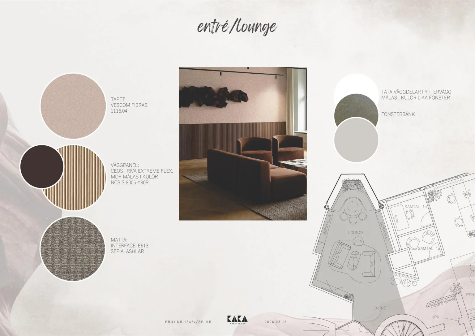 2. En designplan för en entrélounge med färg- och materialprover samt en skissad planlösning.
