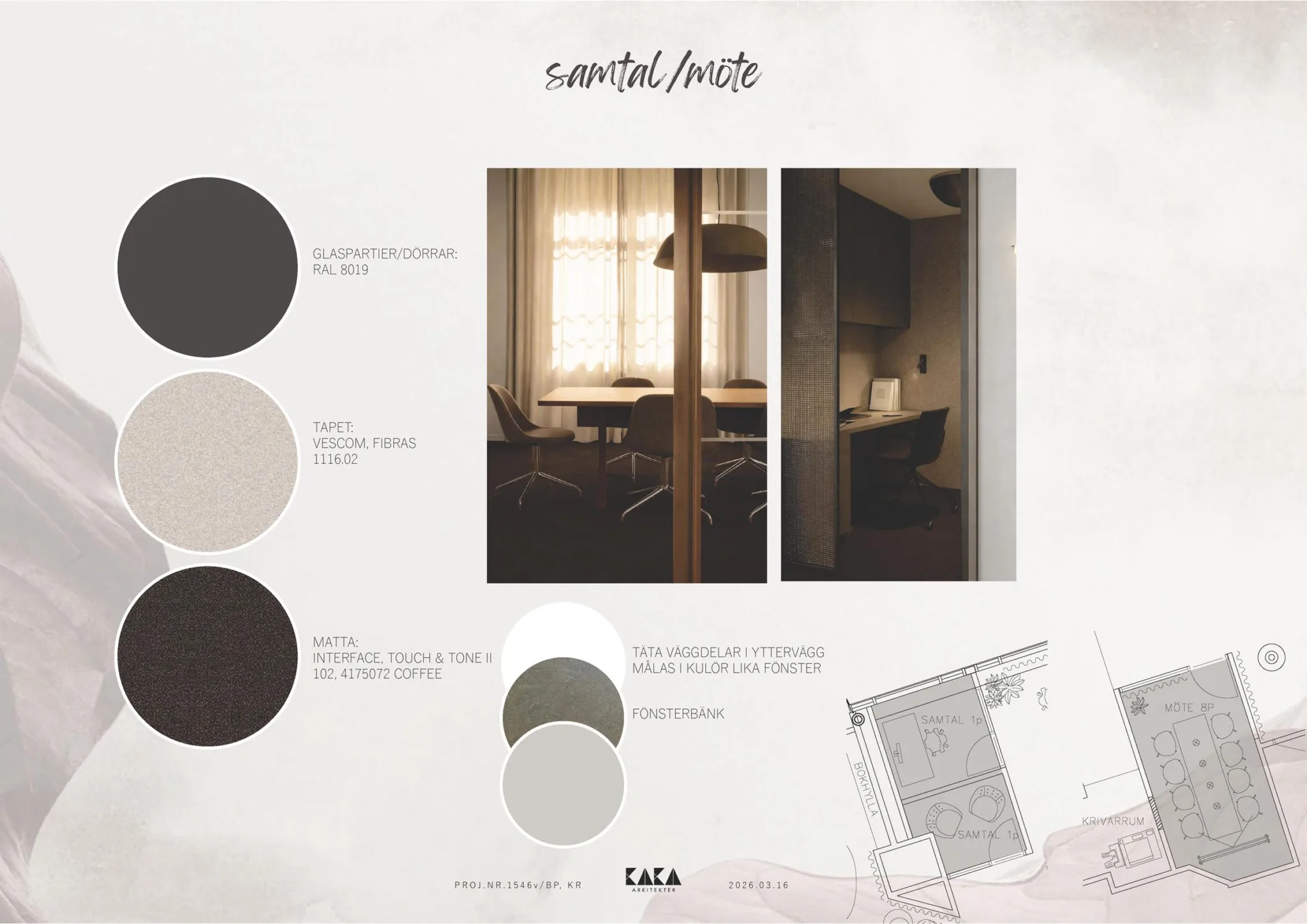 4. En designlayout med bilder av ett kök och ett matrum, färgprover i jordnära toner och en planritning.