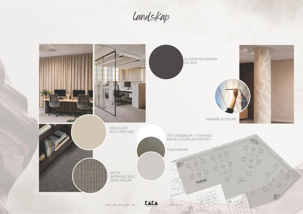 3. En designlayout med kontorsbilder, färgprover i neutrala toner och en arkitektritning.