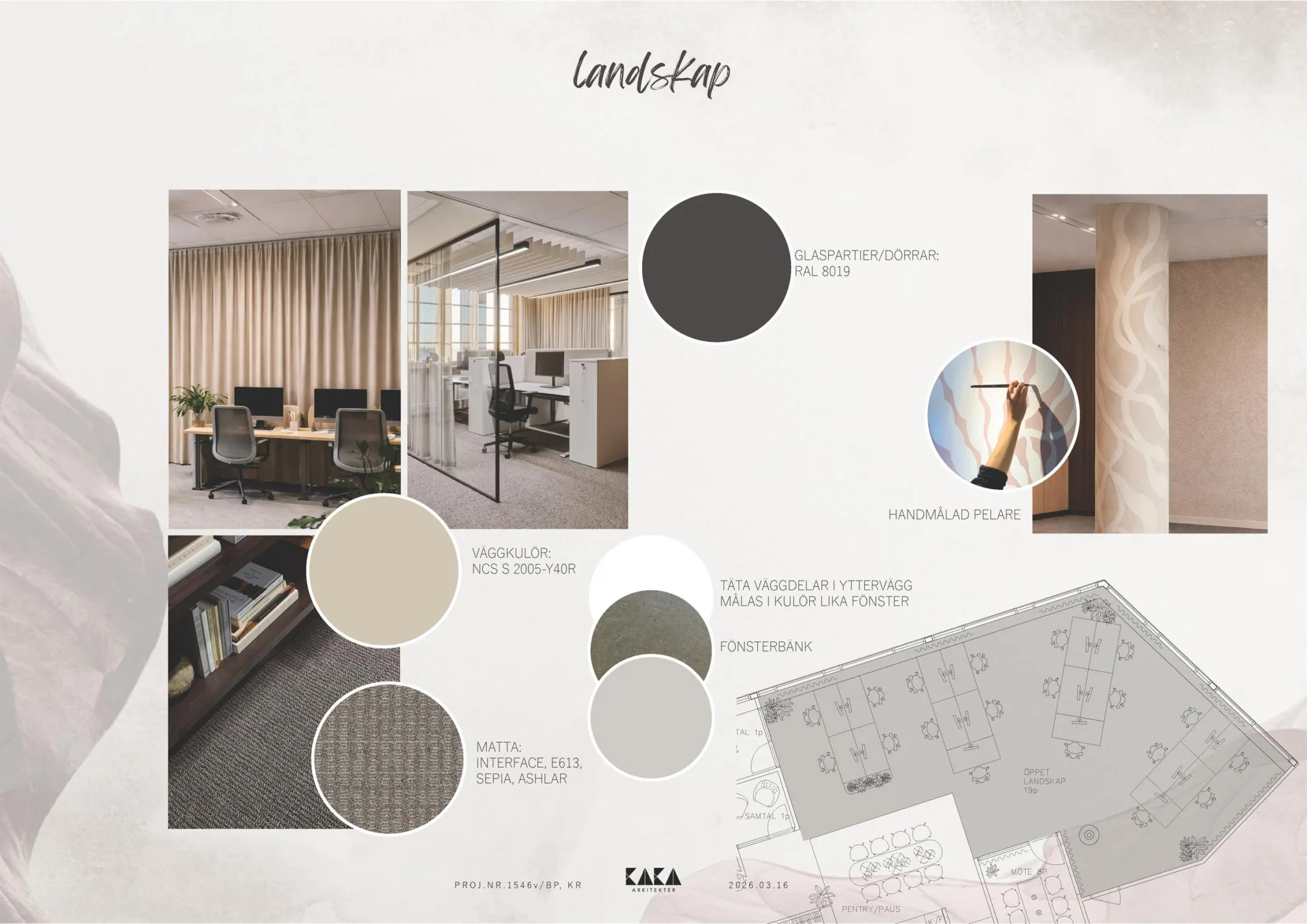 3. En designlayout med kontorsbilder, färgprover i neutrala toner och en arkitektritning.