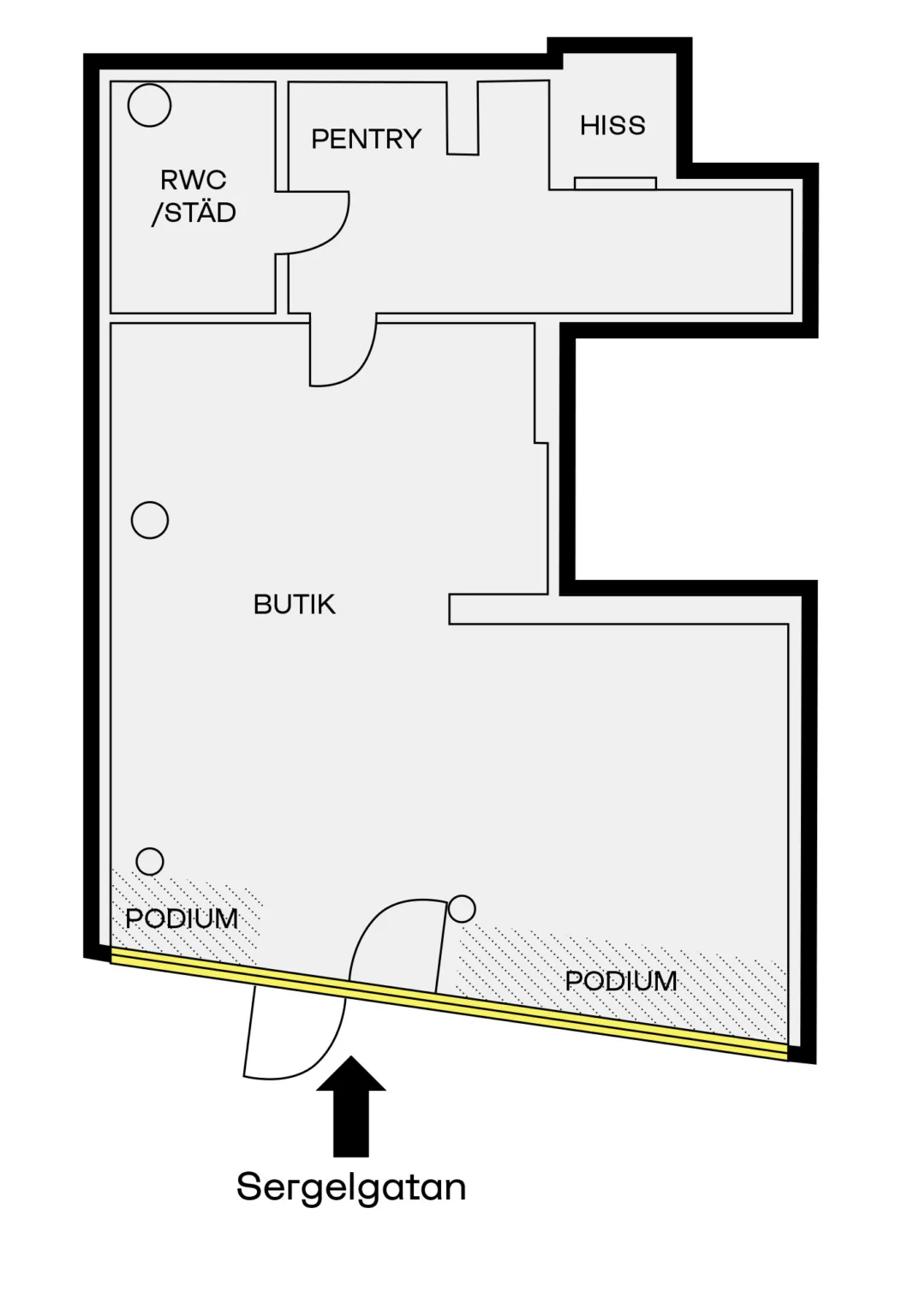 Planritning av en butik med markerade områden för "Podium" och "Butik", samt dörrar och rum.