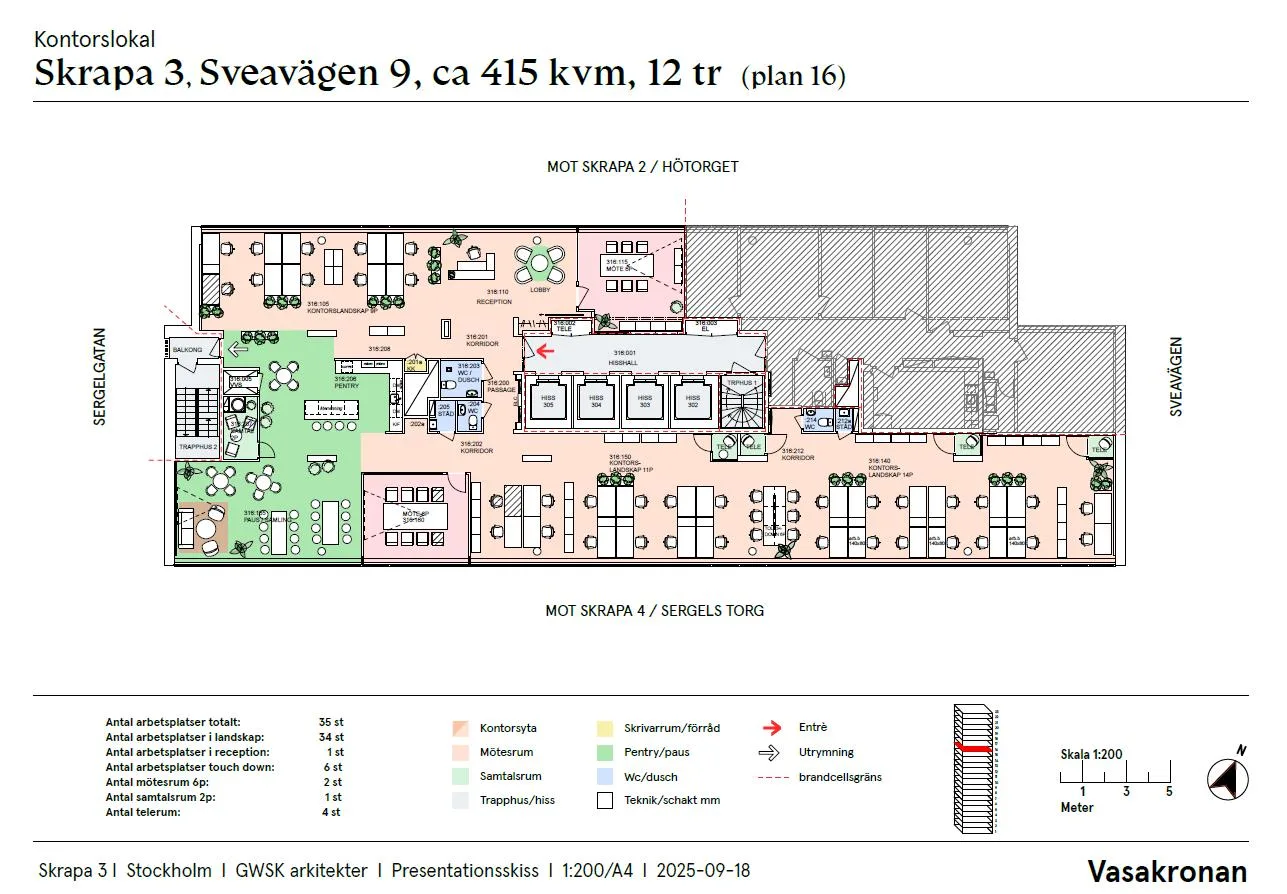 2. Planritning för Sveavägen 9, cirka 415 kvm, 12:e våningen, med färgkodade områden och textinformation.