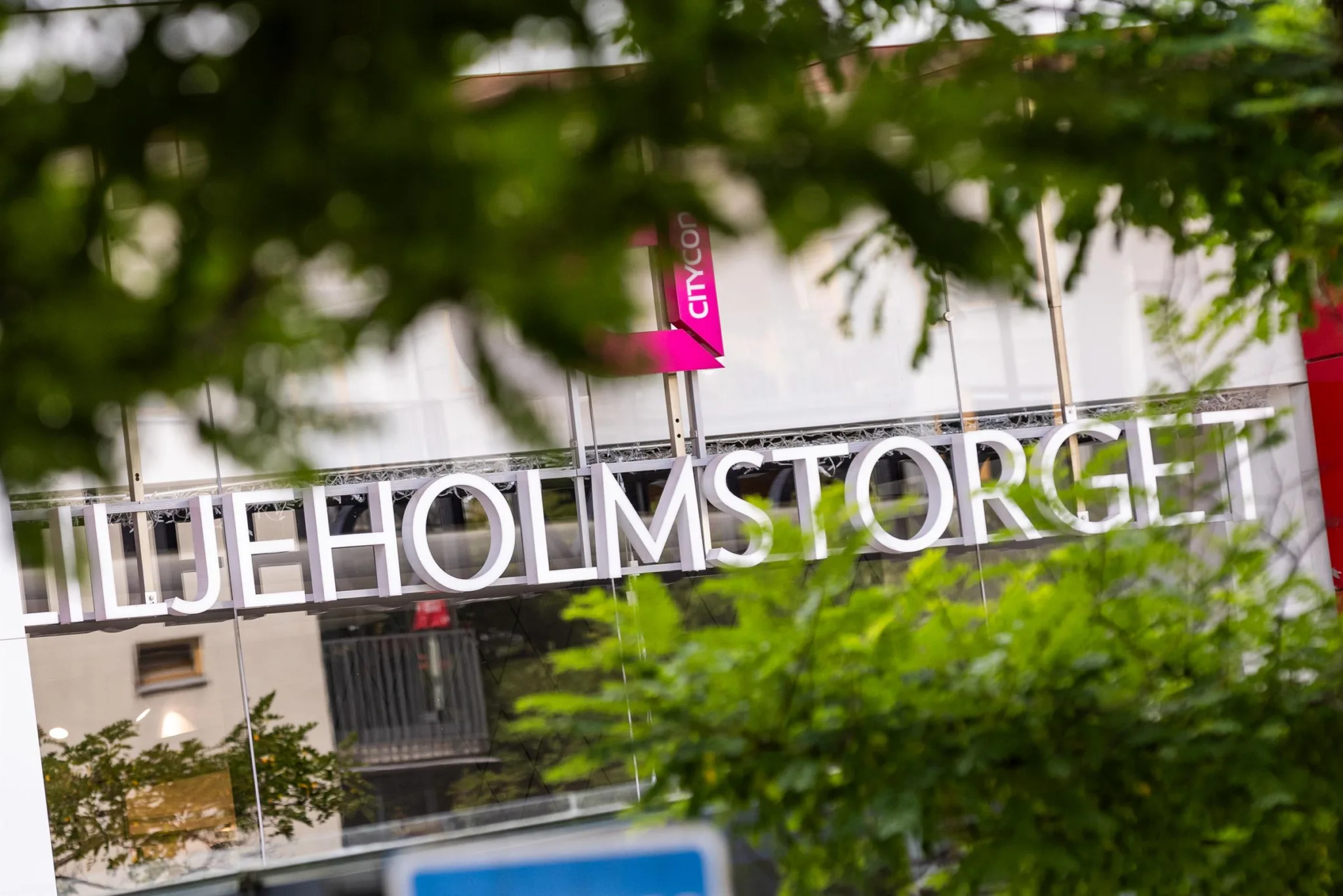 Skylt med texten "HOLMSTORG" bakom gröna trädgrenar samt en rosa flagga i bakgrunden.
