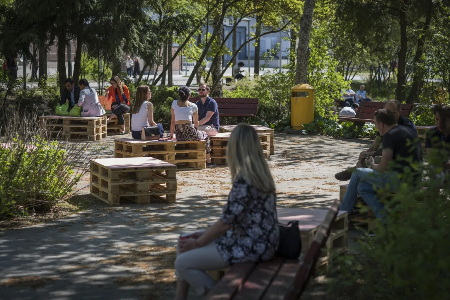 Personer sitter på träbänkar och bord gjorda av lastpallar i en park med träd och grönska.