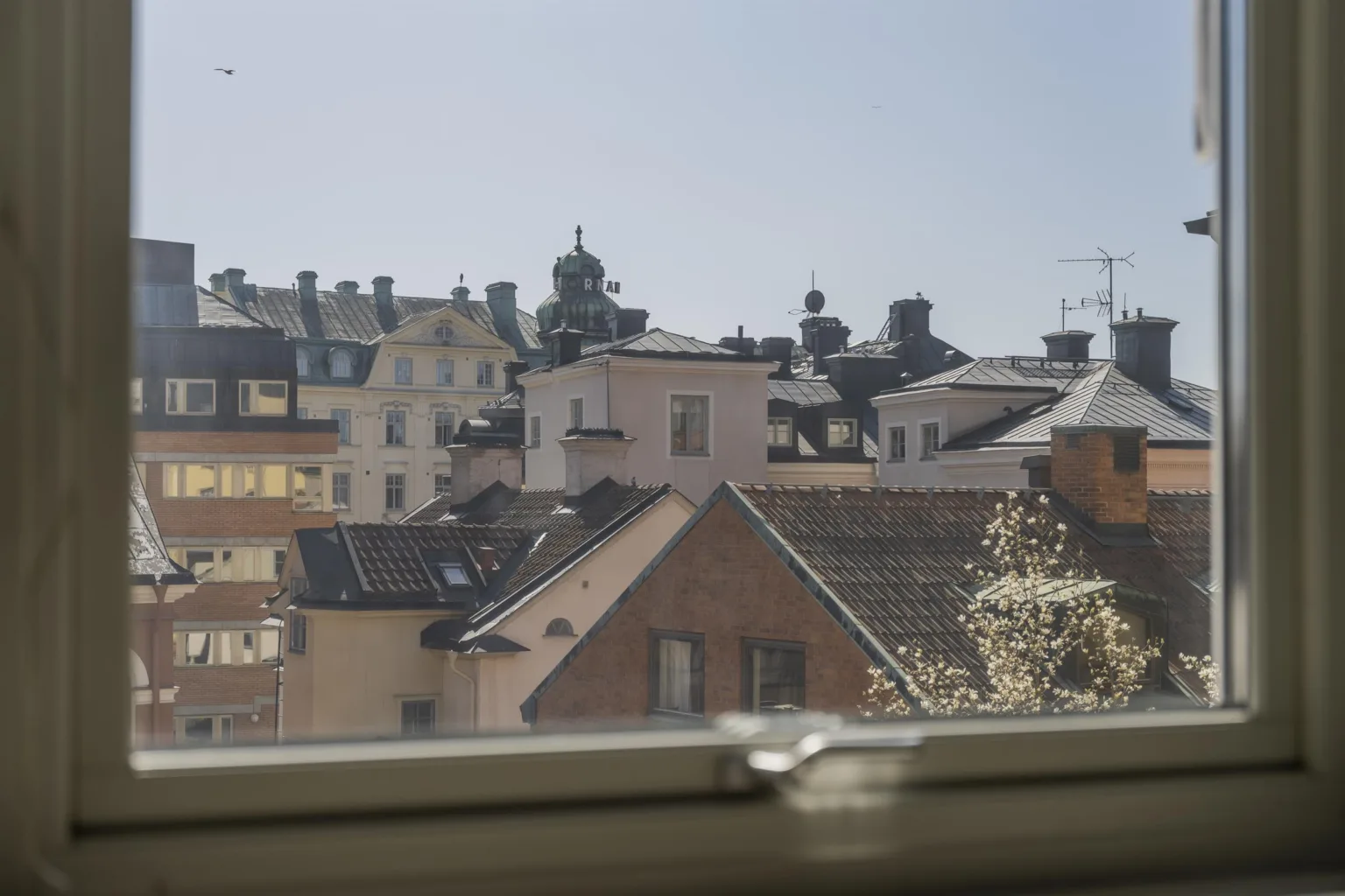 1. Stadsvy med hustak och kyrktorn under en klar blå himmel, sedd genom ett fönster.
