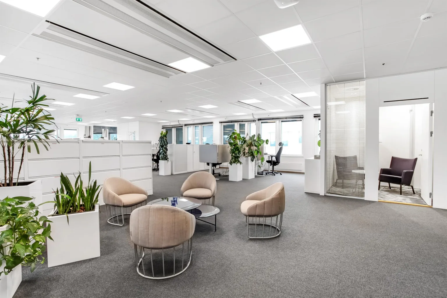 Ett modernt kontorsutrymme med vita väggar, beige sittgrupp och gröna växter.