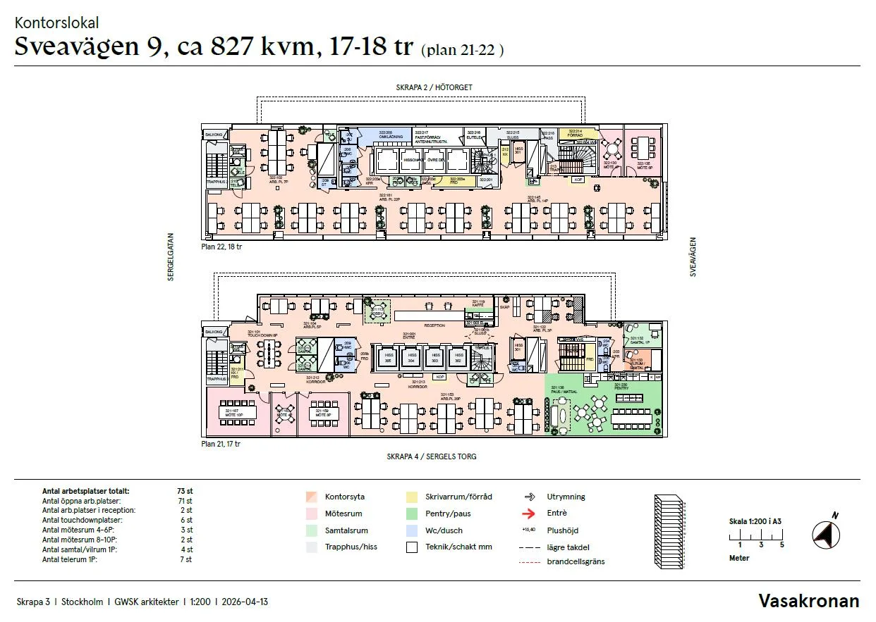 3. En våningsplanritning med detaljer om olika kontorsutrymmen, färgkoder och text som beskriver varje sektion.