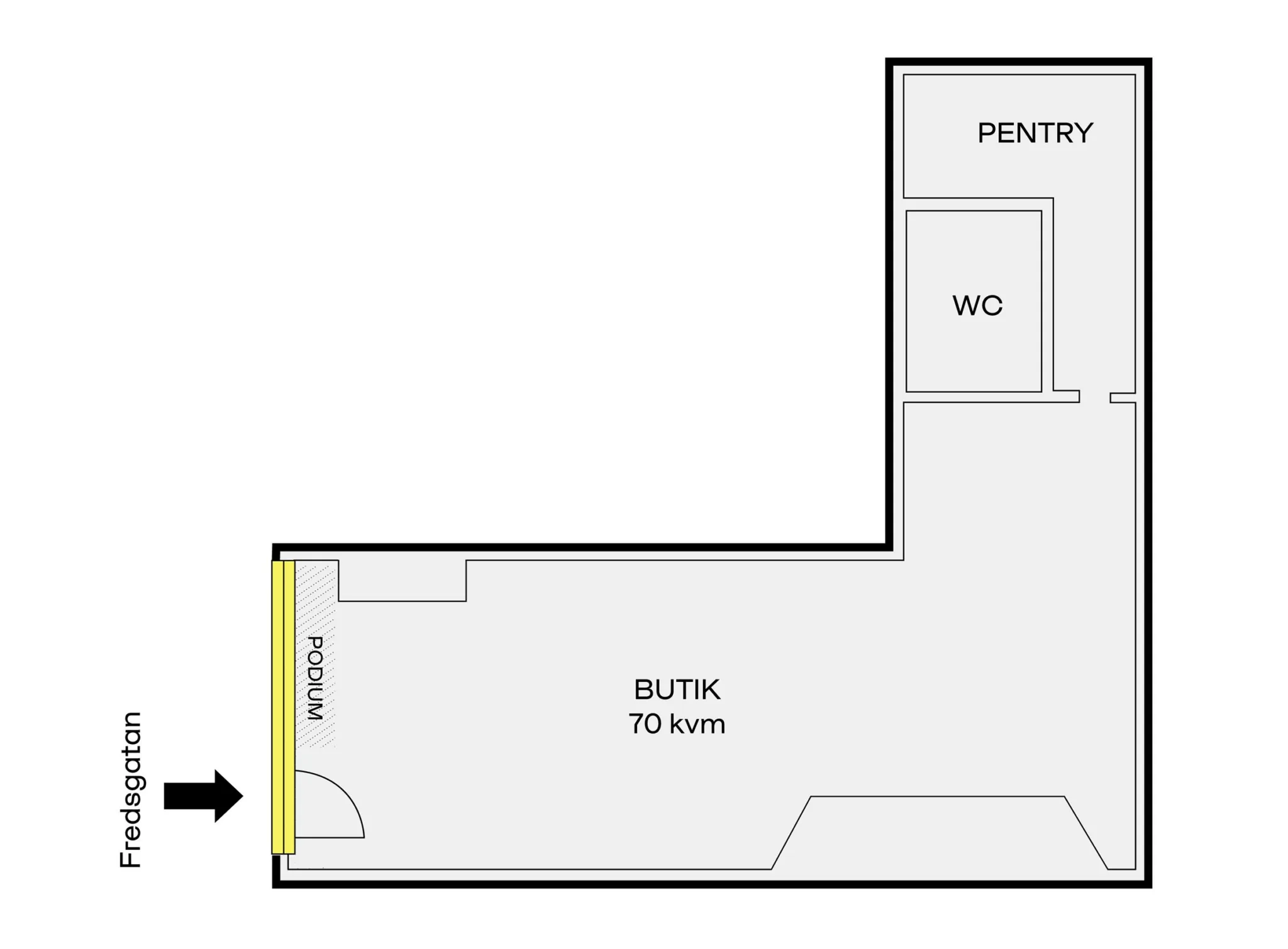 Planritning av butikslokal, 70 kvadratmeter med markerat pentry och WC.