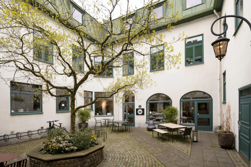 Innergård med ett stort centralt träd, omgiven av bord, stolar och en vit fasad med gröna dörrar och fönster.