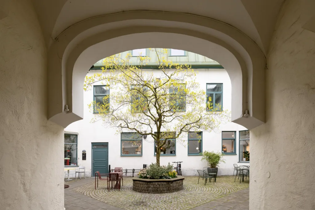 Innergård med ett centralt planterat träd, omgiven av bord, stolar och en vit fasad med fönster.