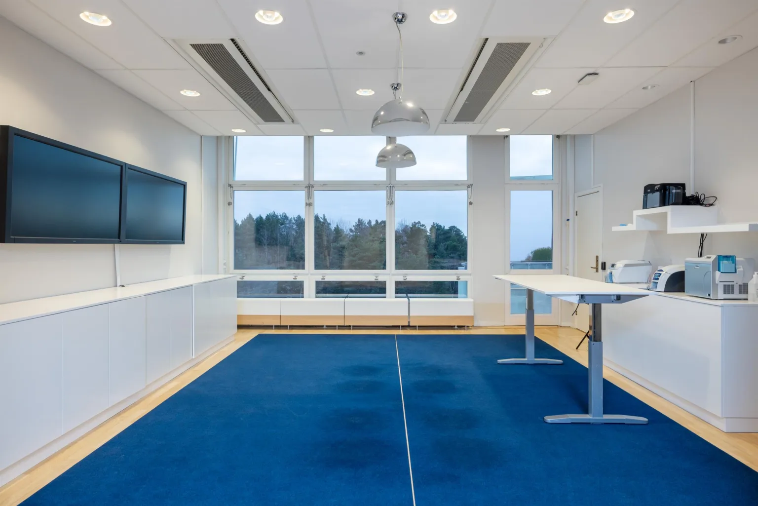Ett modernt konferensrum med blå matta, höj- och sänkbara bord, stor TV och stora fönster med utsikt mot skog.