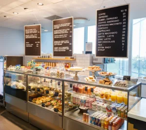 En kafédisk med glasmonter fylld med bakverk, drycker och snacks. Menytavlor med priser hänger ovanför.