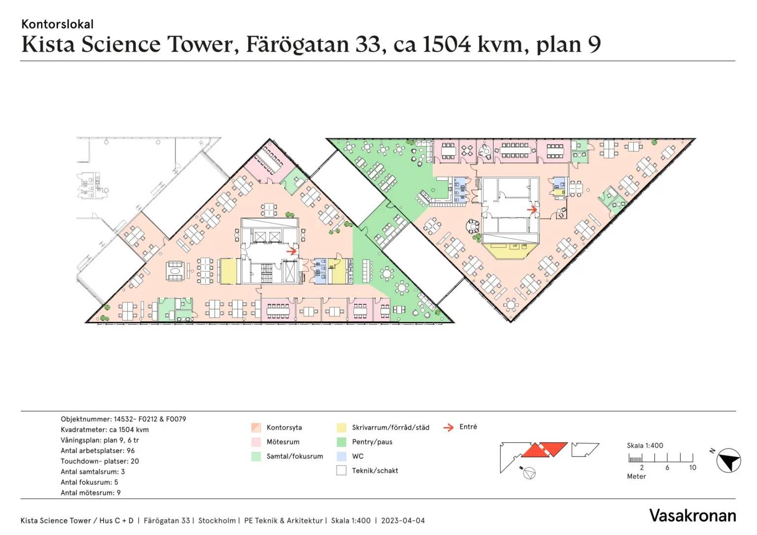 En färgglad planritning av ett kontor på plan 9 med markerade zoner och texten "Science Tower, Färögatan 33, ca 1504 kvm, plan 9."