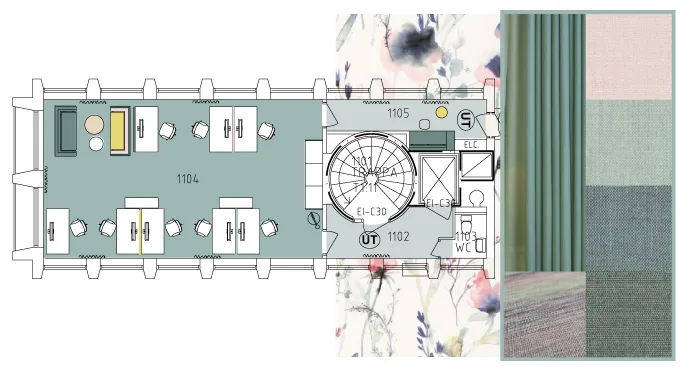 4. En planritning över en våning som visar rum och möblering, bredvid en färgglad bakgrund med blommönster.