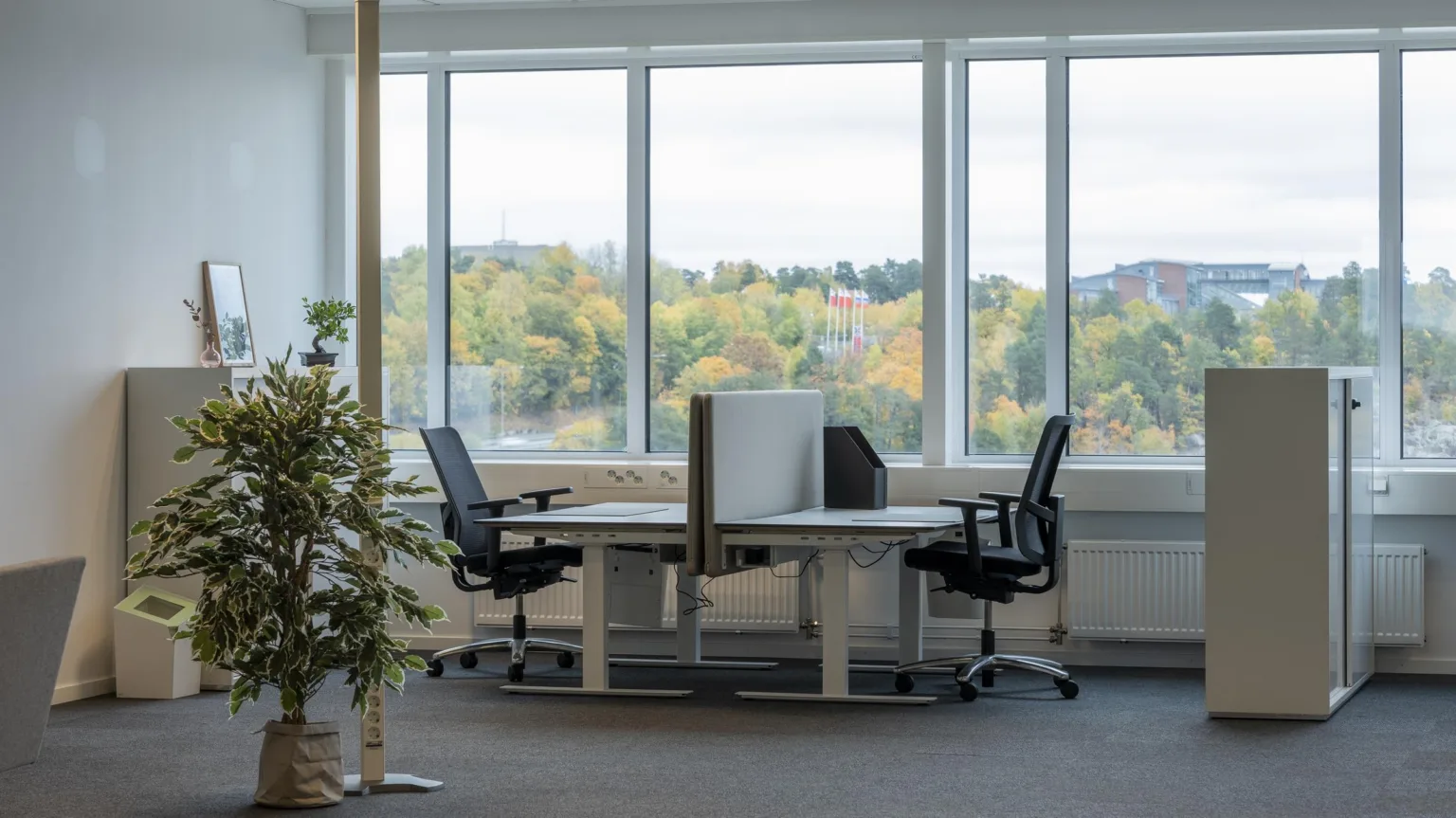 Två skrivbord med kontorsstolar placerade framför stora fönster med utsikt över träd och en grönskande miljö.