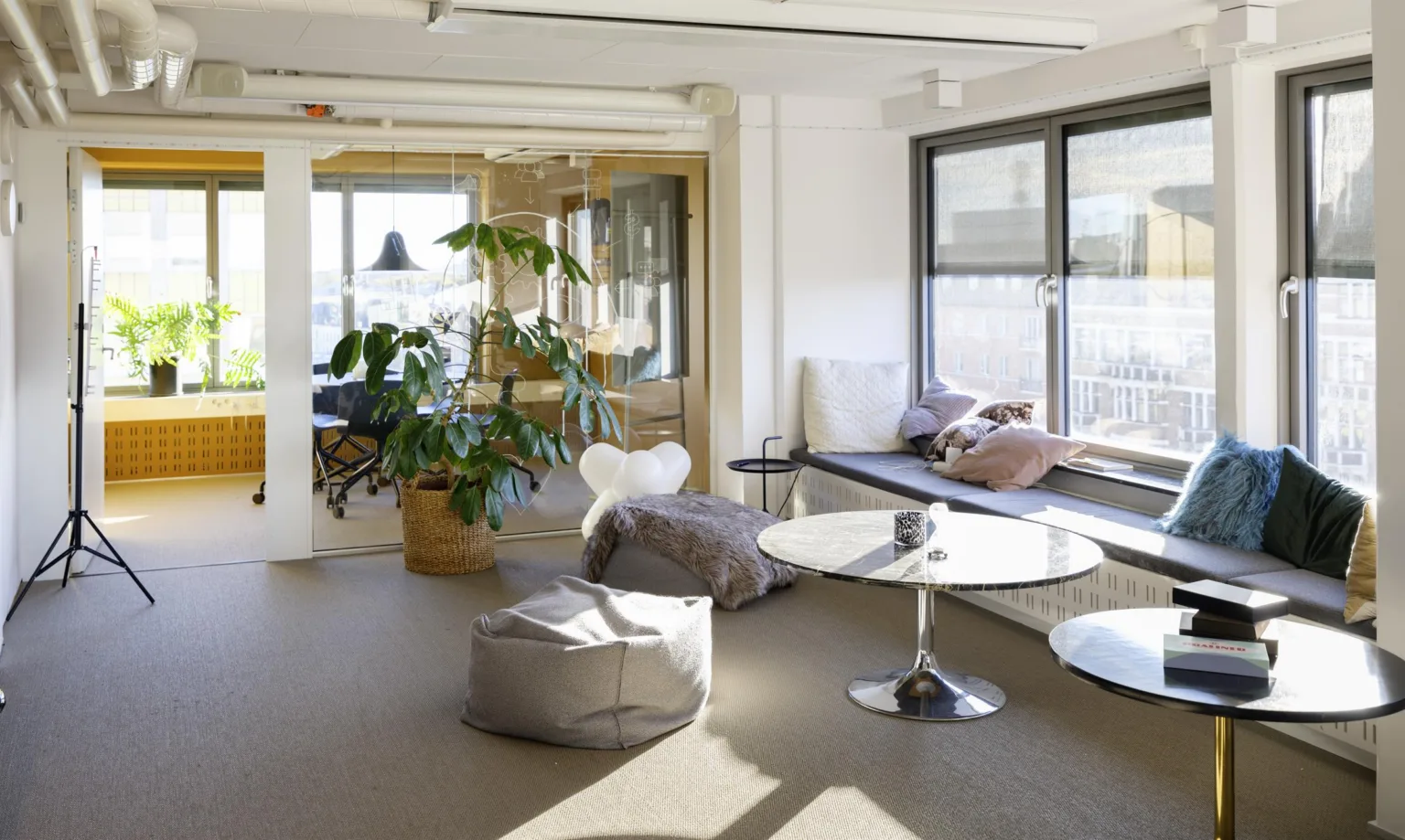2. Ett ljust vardagsrum med stora fönster, sittsäckar, en soffa med kuddar, ett runt bord och en stor krukväxt.